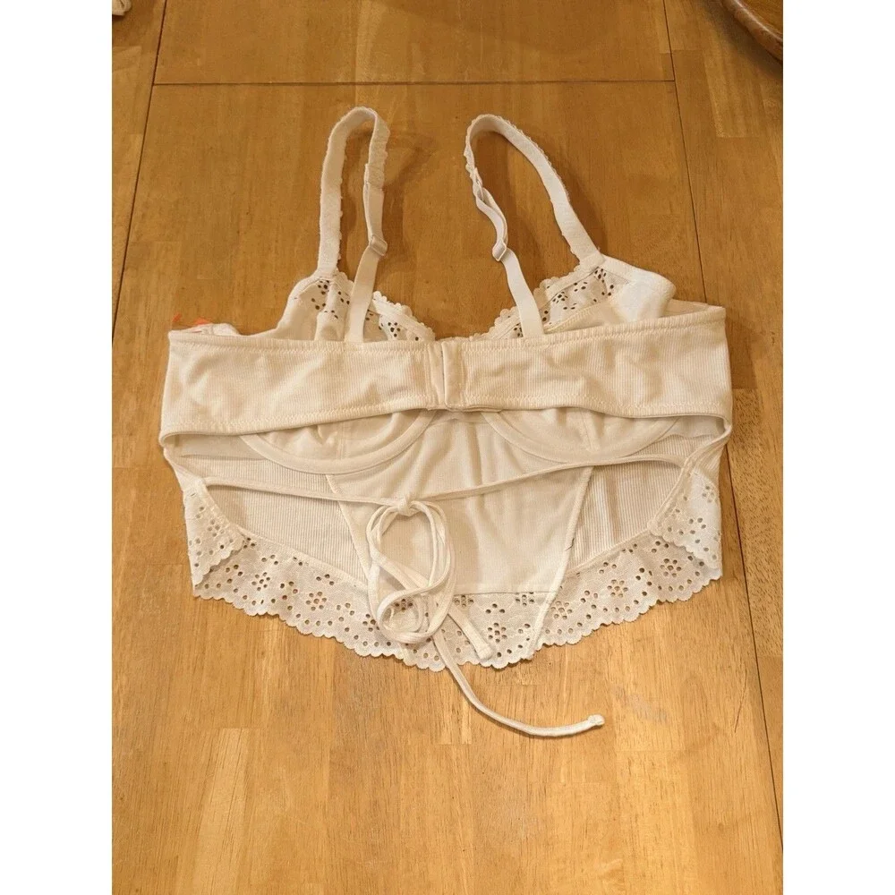 2X XXL Bralette White Ribbed Colsie Structured Wired Cottage Bra Crop Top Eyelet